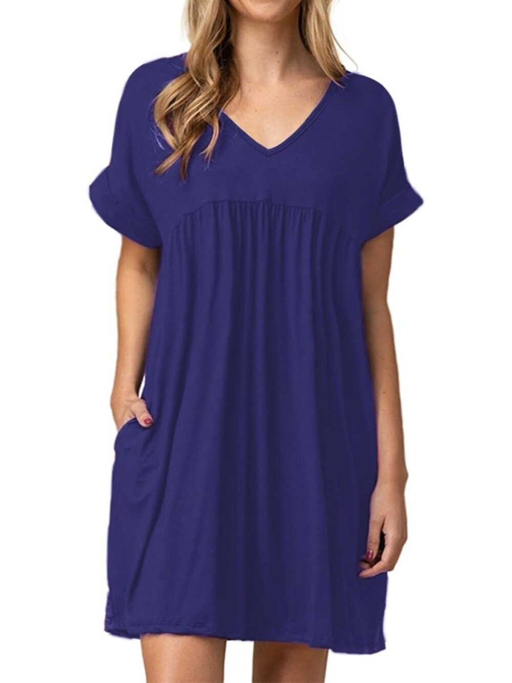 Women's Blue Tshirt Dress Babydoll Casual Mini Tunic Ruched Summer Flowy Dress